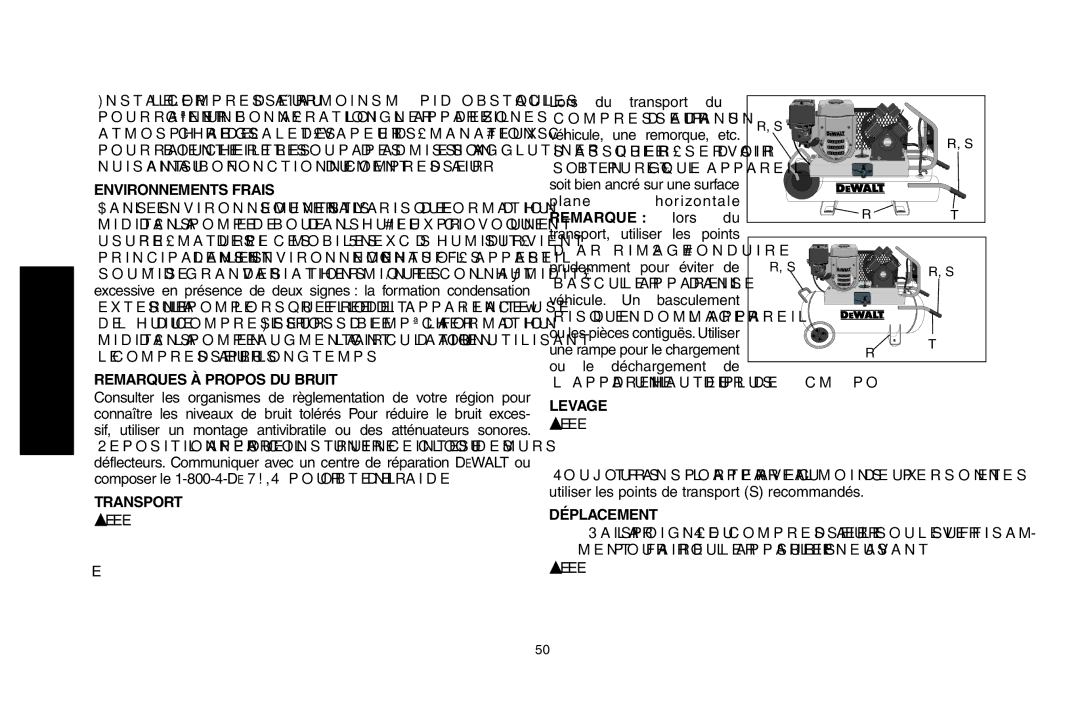 DeWalt D55695, D55690 instruction manual Transport, Remarque , Déplacement 